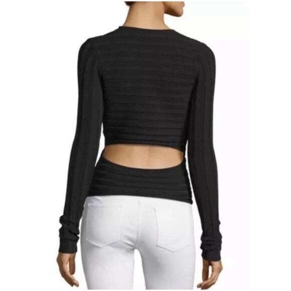 Cinq a Sept Black Titania Ribbed Wrap Front Cutout Top - Picture 2 of 7